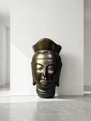 Cast Iron Crowned Maitreya Buddha Mask - sculptuur -