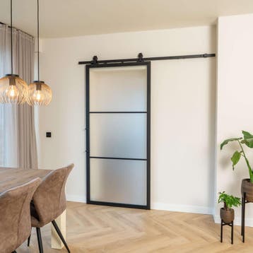 Stalen Schuifdeur - Zwart - 3 Vlaks - Mat glas, Doe-het-zelf en Verbouw, Kozijnen en Schuifpuien, 75 tot 150 cm, Nieuw, 150 tot 225 cm