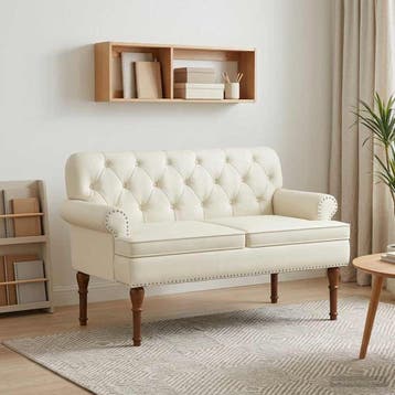vidaXL Loungebank met knopencomfort Crèmekleurig 120 x 65 x, Verzenden, Nieuw, Leer, Minder dan 150 cm