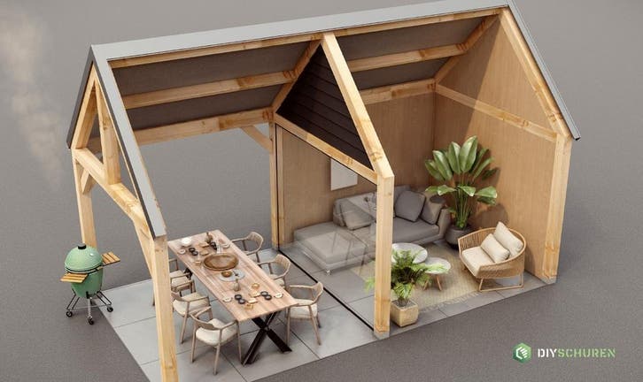 Zelf uw Douglas Overkapping, Tuinhuis, Veldschuur, bouwen!, Tuin en Terras, Tuinhuizen, 200 tot 400 cm, 3 ramen of meer, 500 cm of meer