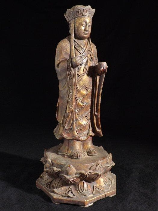 Figuur - Large 19th C. Chinese Gilt-Lacquer Wood Statue of, Antiek en Kunst, Antiek | Overige Antiek