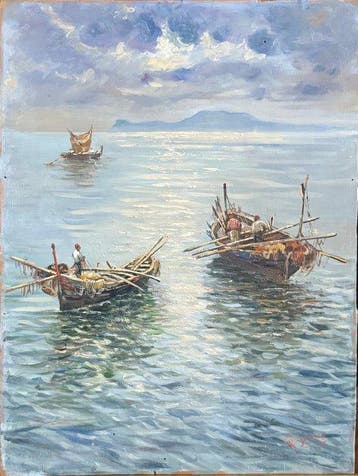 Giuseppe Musumeci (1902-?) - Marina con Barche e Pescatori