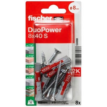Universele plug met schroef | Fischer DuoPower | 8 stuks, Verzenden, Nieuw