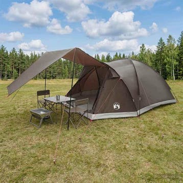 vidaXL Huisje Tent met dak Bruin grijs 6-persoons Polyester, Verzenden, Nieuw, Tot en met 2