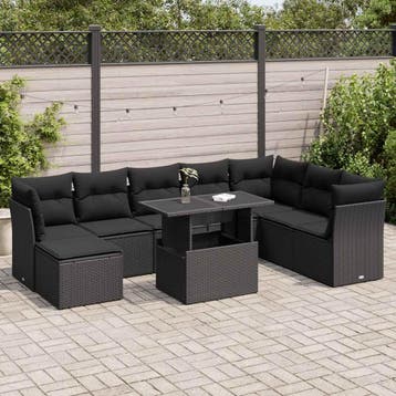 vidaXL 9-delige Loungeset met kussens poly rattan zwart, Tuin en Terras, Verzenden, Nieuw, Loungeset