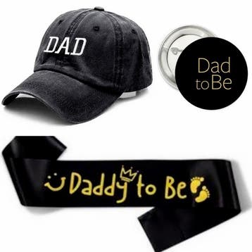 Dad to Be cap, sjerp en button beige, wit en goud, Verzenden, Nieuw, Versiering, Geboorte of Huwelijk