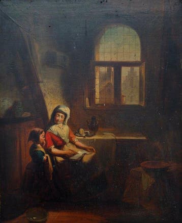 Belgische school (XIX) - Intérieur avec mère et enfant