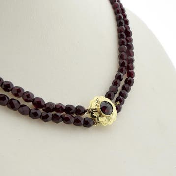 Antiek glaskralen collier met gouden slot (Ketting), Ophalen of Verzenden, Gebruikt, Goud, Goud