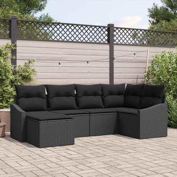 vidaXL Tuin Eetset 6 st Zwart Poly Rattan en Poedergecoat, Verzenden, Nieuw, Rotan, 6 zitplaatsen