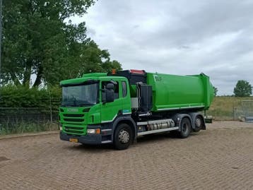 Vuilniswagen, Scania, P280 6x2 opbouw Haller zijlader Zoe