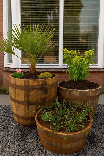 Eiken houten bloembakken - set van 3 - eiken - whiskyvaten, Tuin en Terras, Bloembakken en Plantenbakken, Rond, Ophalen of Verzenden