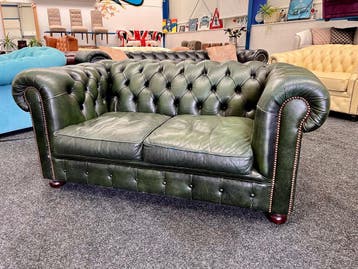 Chesterfield Maarssen ! Groen Leren 2 Zits Chesterfield Bank, Ophalen, Gebruikt, Chesterfield, Tweepersoons