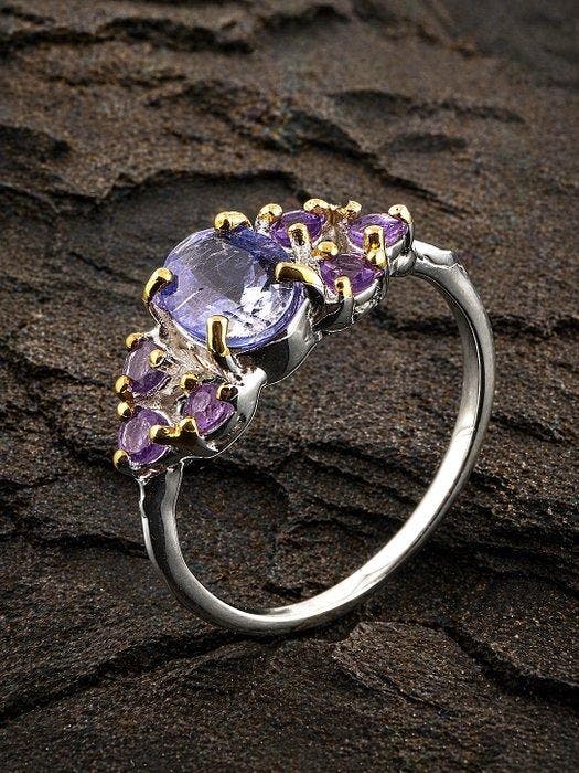 Hemelse amethist ring – paarse edelsteenclusterontwerp – 925, Antiek en Kunst, Curiosa en Brocante