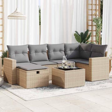 vidaXL 7-delige Loungeset met kussens poly rattan beige, Verzenden, Nieuw, 7 zitplaatsen, Loungeset