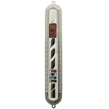 Mezuzah / Mezoeza, zilverkleurige huls met decoratie van..., Nieuw