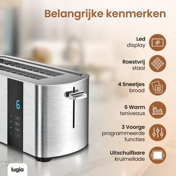 Lugia Broodrooster RVS Toaster 4 Sneetjes - 7 Warmteniveaus, Ophalen of Verzenden, Zo goed als nieuw, Lugia