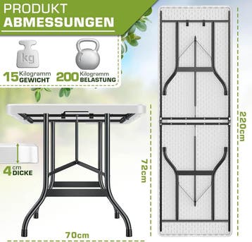 Inklapbare tafel - Klaptafel - Vouwtafel - 220x70 cm - Wit -, Verzenden, Zo goed als nieuw