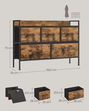 Industrieel Dressoir met 5 Stoffen Lades – Ruime Opbergkast, Huis en Inrichting, Kasten | Dressoirs, Minder dan 50 cm, Verzenden