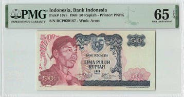 1968 Indonesia 50 Rupiah Pick 107 Pmg Gem Unc 65, Verzenden