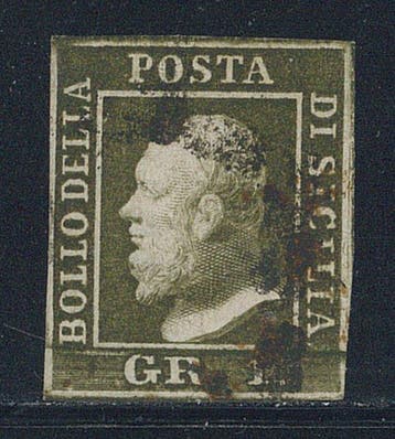 Italiaanse oude staten - Sicilië - 1 gr. donker olijfgroen, Gestempeld
