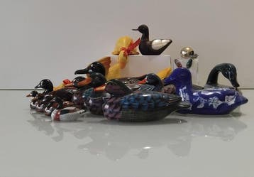 Collectie met dierenthema - Eenden. Hout en parelmoer,, Antiek en Kunst