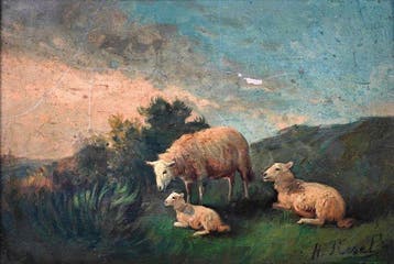 École animalière européenne (XIX) - Moutons et collines, Antiek en Kunst