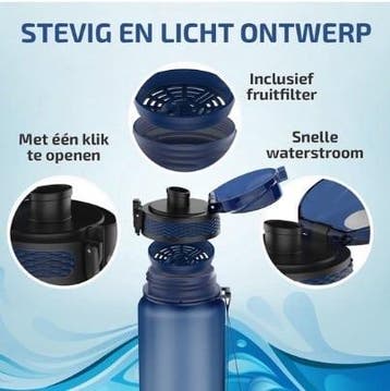 Lekro Waterfles met Tijdmarkeringen Blauw 1 Liter, Ophalen of Verzenden, Zo goed als nieuw