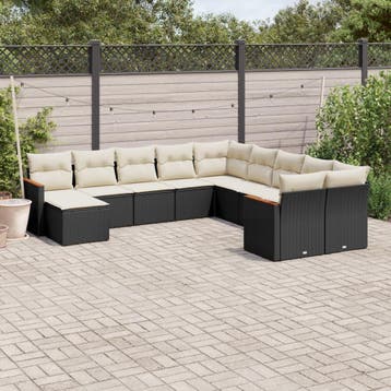 vidaXL 11-delige Loungeset met kussens poly rattan zwart, Tuin en Terras, Verzenden, Nieuw, Loungeset