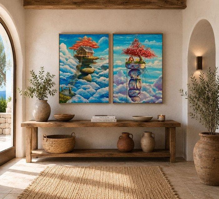Elizabeth - Refugio en las Nubes: La Cabaña Elevada. Diptico, Antiek en Kunst, Kunst | Schilderijen | Modern