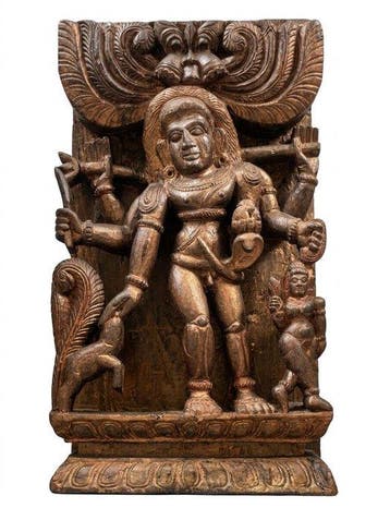 Groot Houten Tempelpaneel - Shiva Bhikshatana - Hout - India