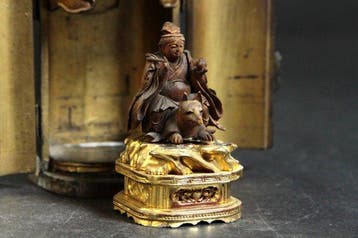 Wooden Buddhist Goddess Dakiniten Riding Fox Statue in Black