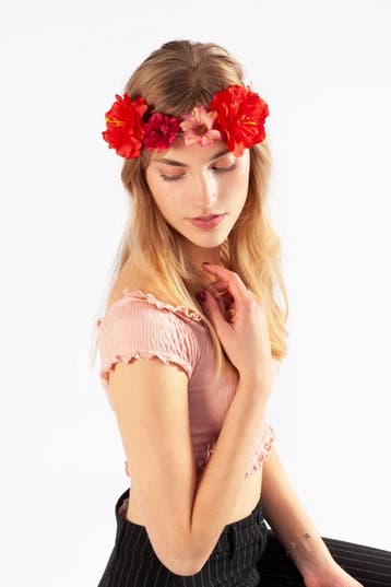 KIMU® Handgemaakte Bloemenkrans Haar Rood Rode Bloemen Haarb, Ophalen of Verzenden, Nieuw, Carnaval, Accessoires