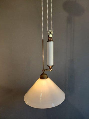 Plafondlamp - Bibliotheeklamp - Katrollamp - Messing, Glas -