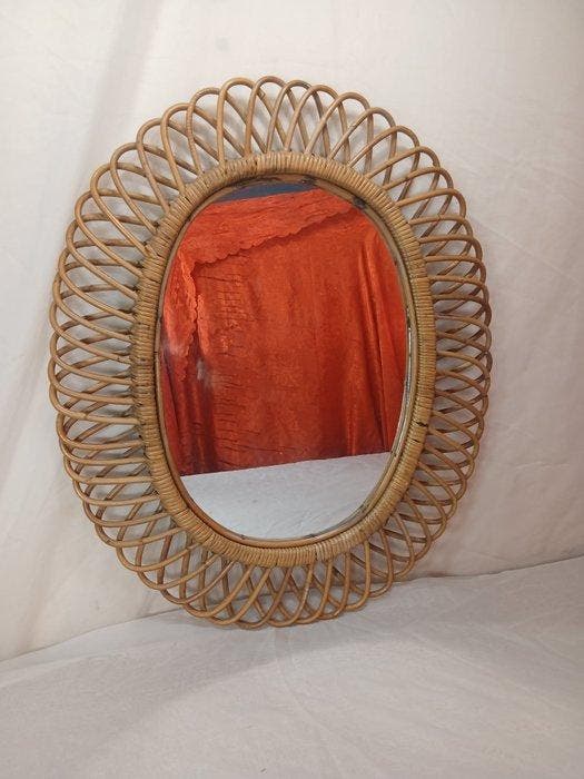 Spiegel - Bamboe, glas - Ovale wandspiegel met een frame van, Antiek en Kunst, Curiosa en Brocante