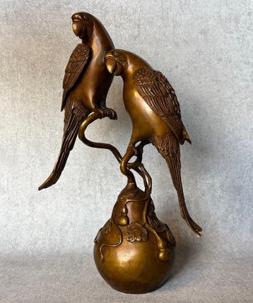 Beeld, Papagaaien op kalebas 34.5 cm - 34.5 cm - Brons