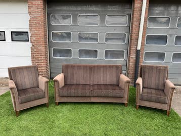 Bankstel senioren bank stof met 2 fauteuils/stoelen, Huis en Inrichting, Banken | Bankstellen, Design, Zo goed als nieuw, Rechte bank