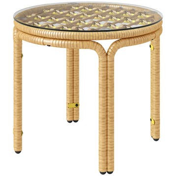 TRUUSK Ronde Bijzettafel Polyrattan - Glazen Tafelblad - Nac, Verzenden, Nieuw