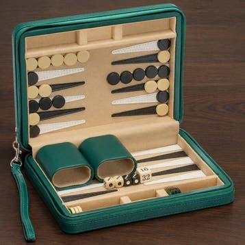 Spelstuk - Portable green leather backgammon travel set