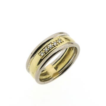 Bicolor brede gouden rijring met diamant; 0,10 ct., Gebruikt, 19 tot 20, Ophalen of Verzenden, Dame of Heer