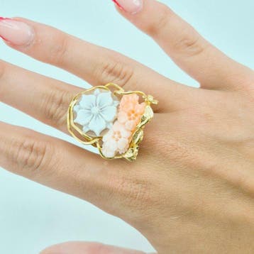 Koraal - Zilver, Verguld - Ring - Roze koraal en camee, Sieraden, Tassen en Uiterlijk, Antieke sieraden
