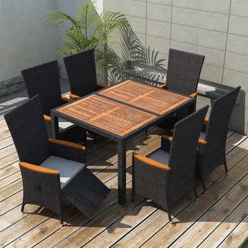 vidaXL 7-delige Tuinset poly rattan acaciahout zwart, Tuin en Terras, Verzenden, Nieuw, 6 zitplaatsen, Tuinset