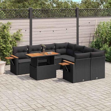 vidaXL 9-delige Loungeset met kussens poly rattan zwart, Tuin en Terras, Verzenden, Nieuw, Loungeset