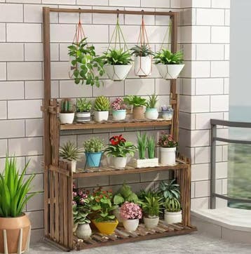 3-Laags Houten Plantenstandaard met Ophangstang, Verzenden, Nieuw