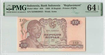 1968 Indonesia 10 Rupiah Replacement Pick 105a Pmg Choice..., Verzenden