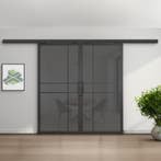 Dubbele stalen schuifdeur met koofsysteem 6 Vlaks Rook glas, 75 tot 150 cm, Nieuw, 150 tot 225 cm, Metaal