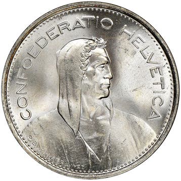 zilveren 5 Zwitserse Francs (1931-1969), Postzegels en Munten, Verzenden, Losse munt, Zilver