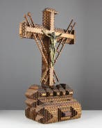 Crucifix - Hout, Metaal - 1900-1910 - Tramp Art - 43cm