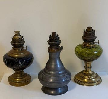 Olielamp (3) - Pewter, gegoten glas - Collectie olielampen