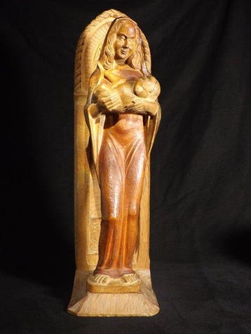 Figuur - Hand-Carved Madonna and Child – Signed N – Dated