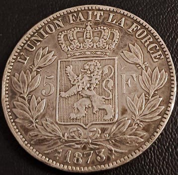 België. Leopold II. 5 Francs petite tête 1873 (Zonder